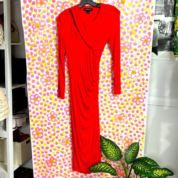 Marciano midi Dress RED HOT ruched bodycon long sleeve sz. S cutout stretch - Picture 3 of 9
